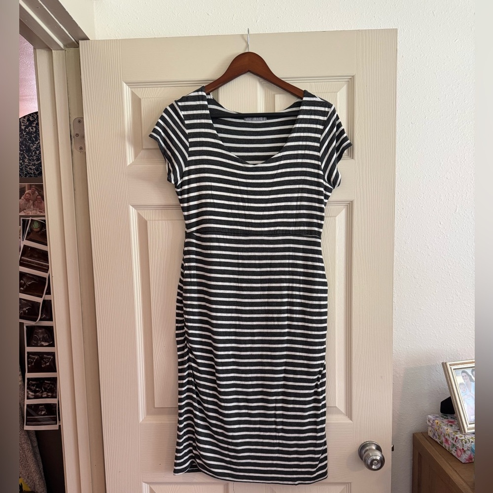 Elegant Striped Black and White Midi MATERNITY Dress